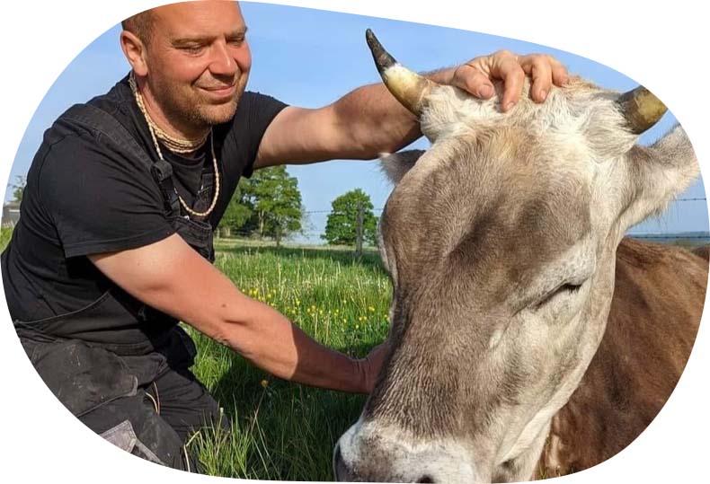 A photo of Vraj, an Ahimza milkman, stroking one of the cows.