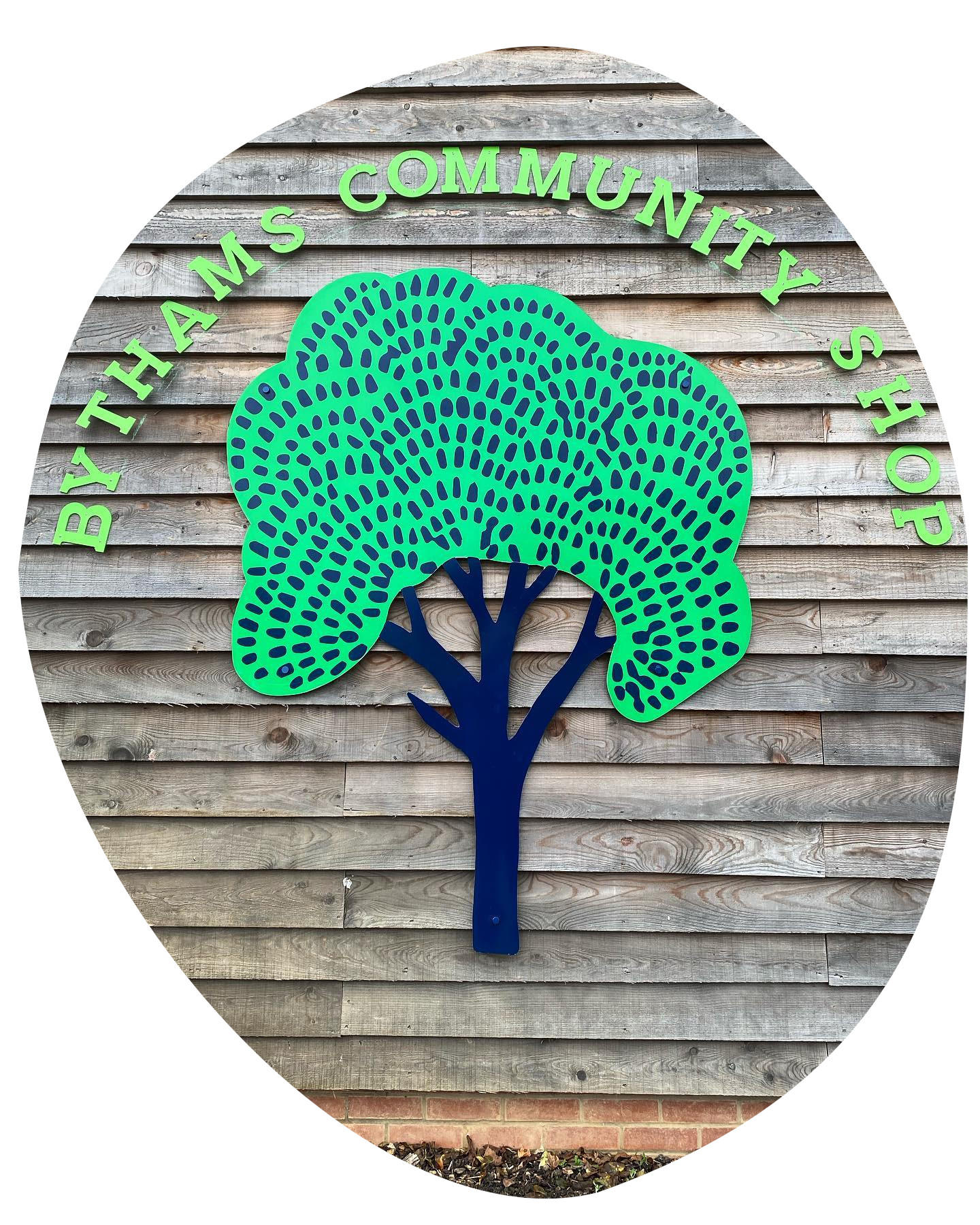 Photo of Bytham's Community Shop Logo on the exterior of the building.